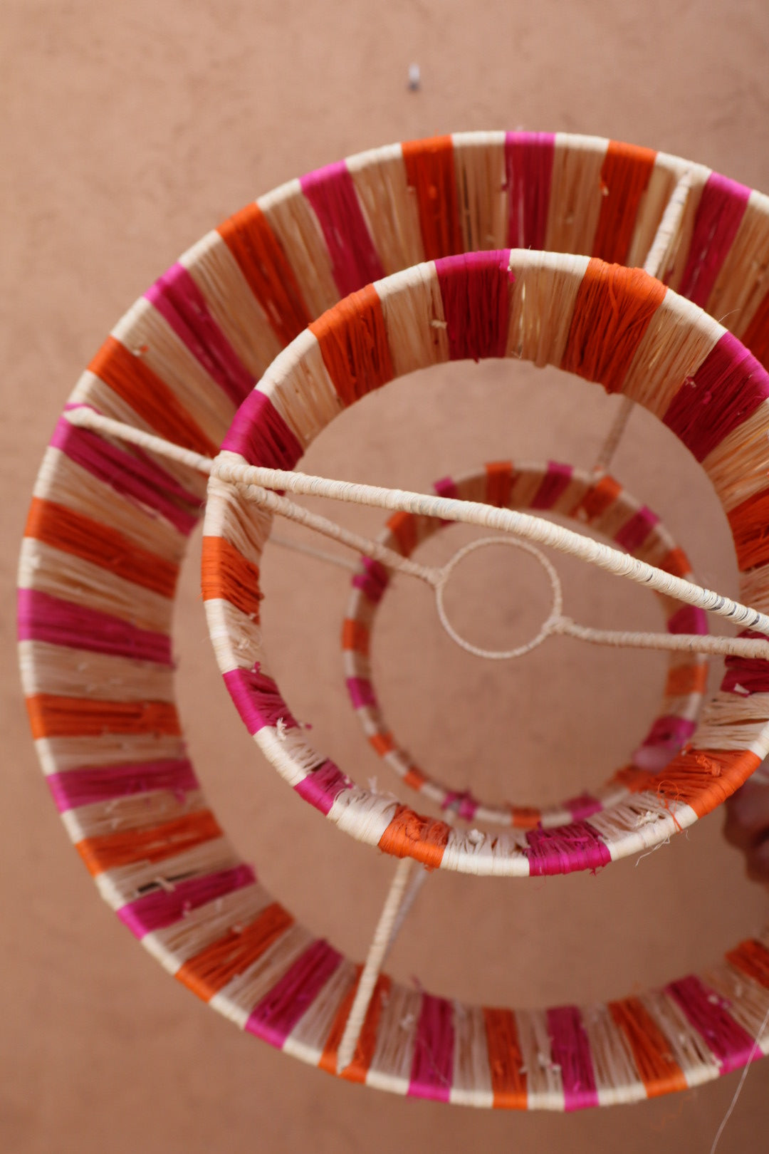 Pink, orange and natural raphia suspension - "Sunny"