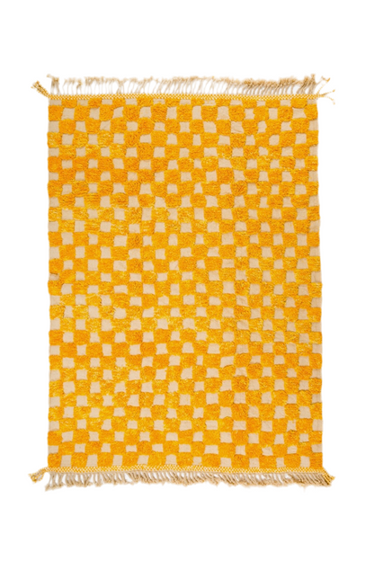 Beni Ouarain Berber checkered carpet in gold yellow and white - 288 x 209 cm