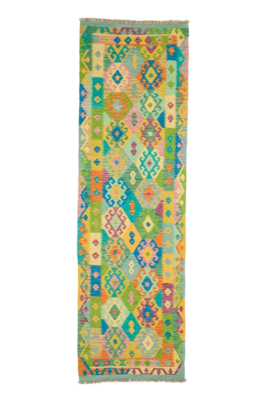 Tapis kilim afghan de couloir vert bleu jaune en laine fait-main tapis kilim persan coloré 