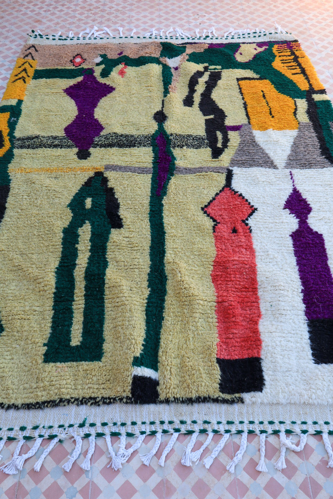 Tapis berbère boujad vert anis vert amande à motifs colorés, véritable tapis marocain coloré, tapis multicolore coloré 