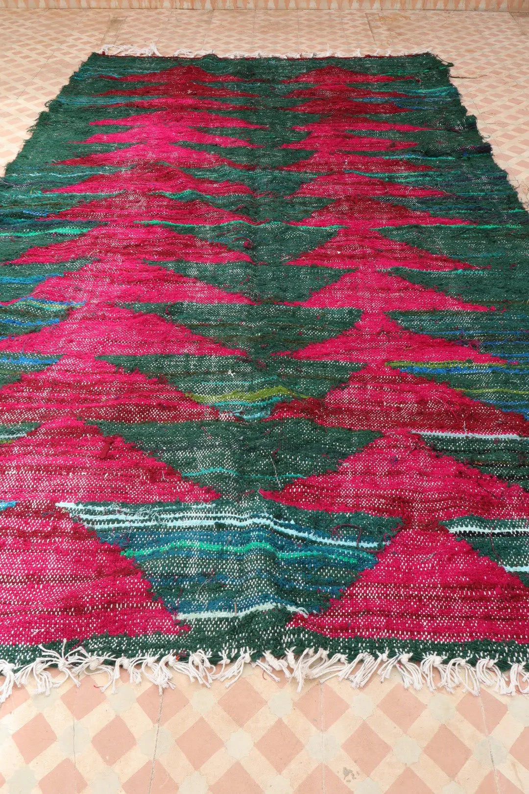 Tapis Berbère Coloré Kilim Boucherouite Vert Sapin et Bordeaux  - 248 x 145 cm Néda