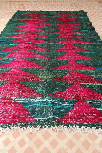 Tapis Berbère Coloré Kilim Boucherouite Vert Sapin et Bordeaux  - 248 x 145 cm Néda
