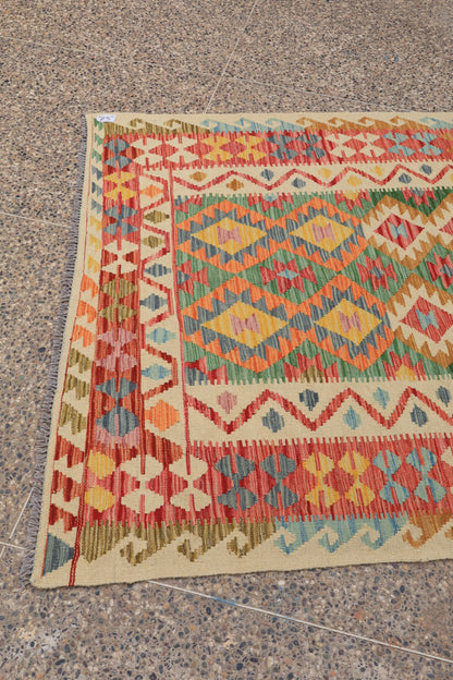 Tappeto Kilim afghano tradizionale in lana Terracotta Arancione Verde - 203 x 147 cm