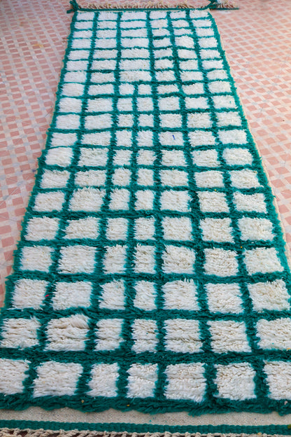 Berber carpet azilal with reverse checkered with green fir tree - 300 x 100 cm