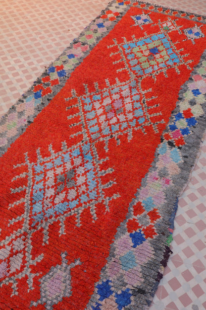 Red Berber Boucherouite rug with colored patterns - 305 x 118 cm