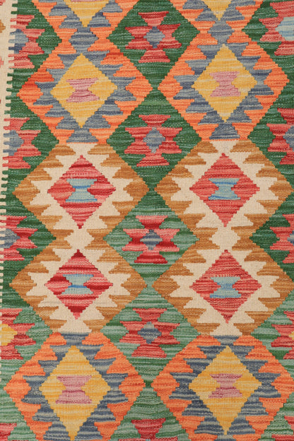 Tappeto Kilim afghano tradizionale in lana Terracotta Arancione Verde - 203 x 147 cm