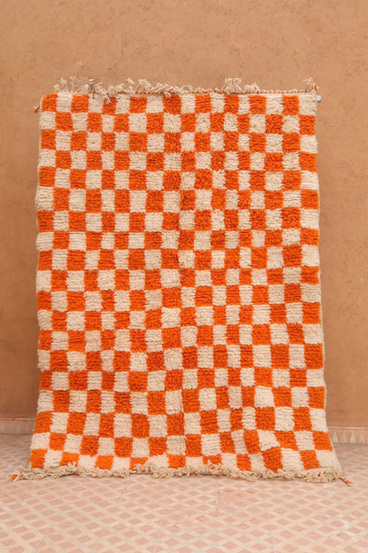 Tapis Berbère à Damiers Orange Béni Ouarain- 208 x 153 cm Néda