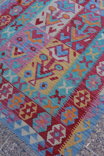 Traditional pink and blue Afghan kilim carpet- 191 x 121 cm