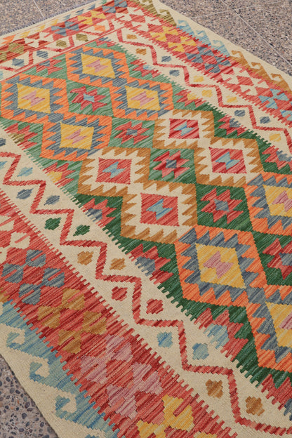 Tappeto Kilim afghano tradizionale in lana Terracotta Arancione Verde - 203 x 147 cm