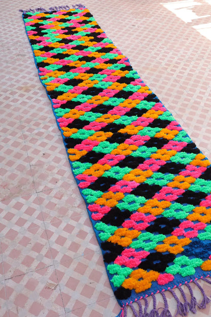 Tapis Berbère Couloir Azilal Bleu à Motifs Reliefs Multicolores - 313 x 74 cm Néda