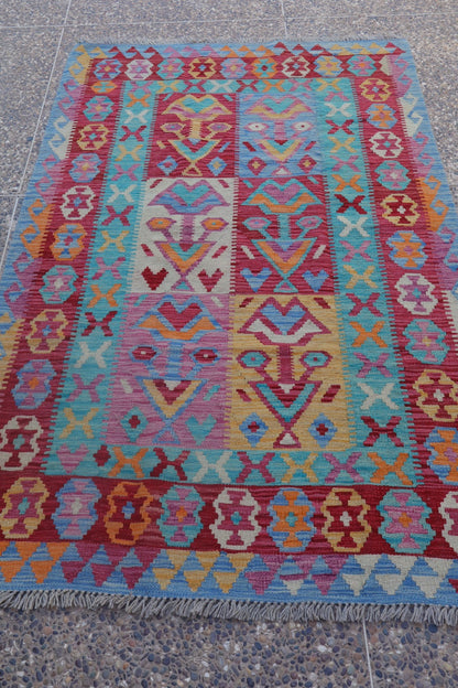 Traditionele roze en blauw Afghaanse kilim tapijt- 191 x 121 cm