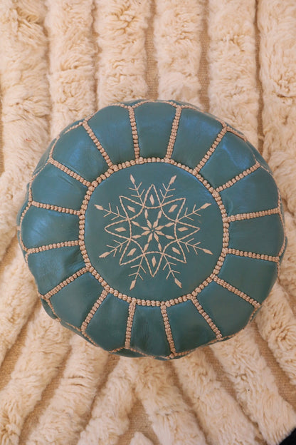 Light Blue Moroccan Leather Ottoman Pouf