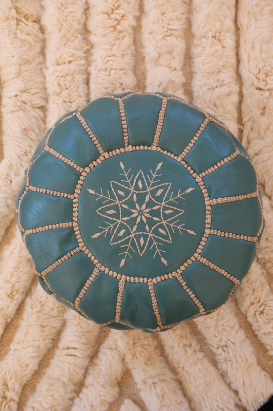 Pouf Ottoman Marocain Bleu Clair En Cuir