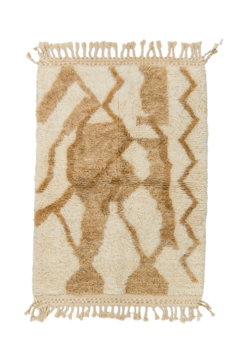 Tapis Berbère Béni Ouarain Blanc à Motifs Abstraits Beige Foncé - 261 x 111 cm