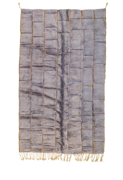 Tapis Berbère Mrirt Gris et Jaune Moutarde Motifs Carrés Reliefs- 256 x 155 cm