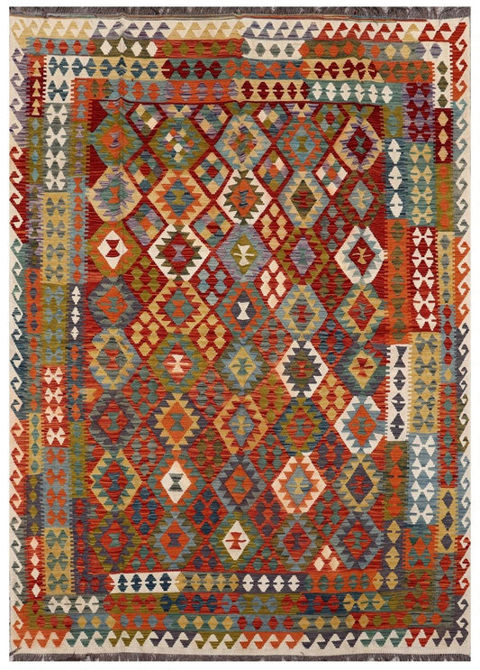 Grand kilim afghan coloré rouge orange vert et jaune tapis kilim persan en laine fait main tapis kilim en laine multicolore 
