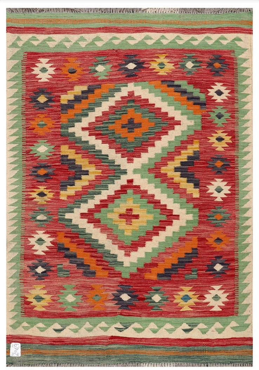 Tapis kilim afghan coloré rouge vert orange et jaune fait main en laine 