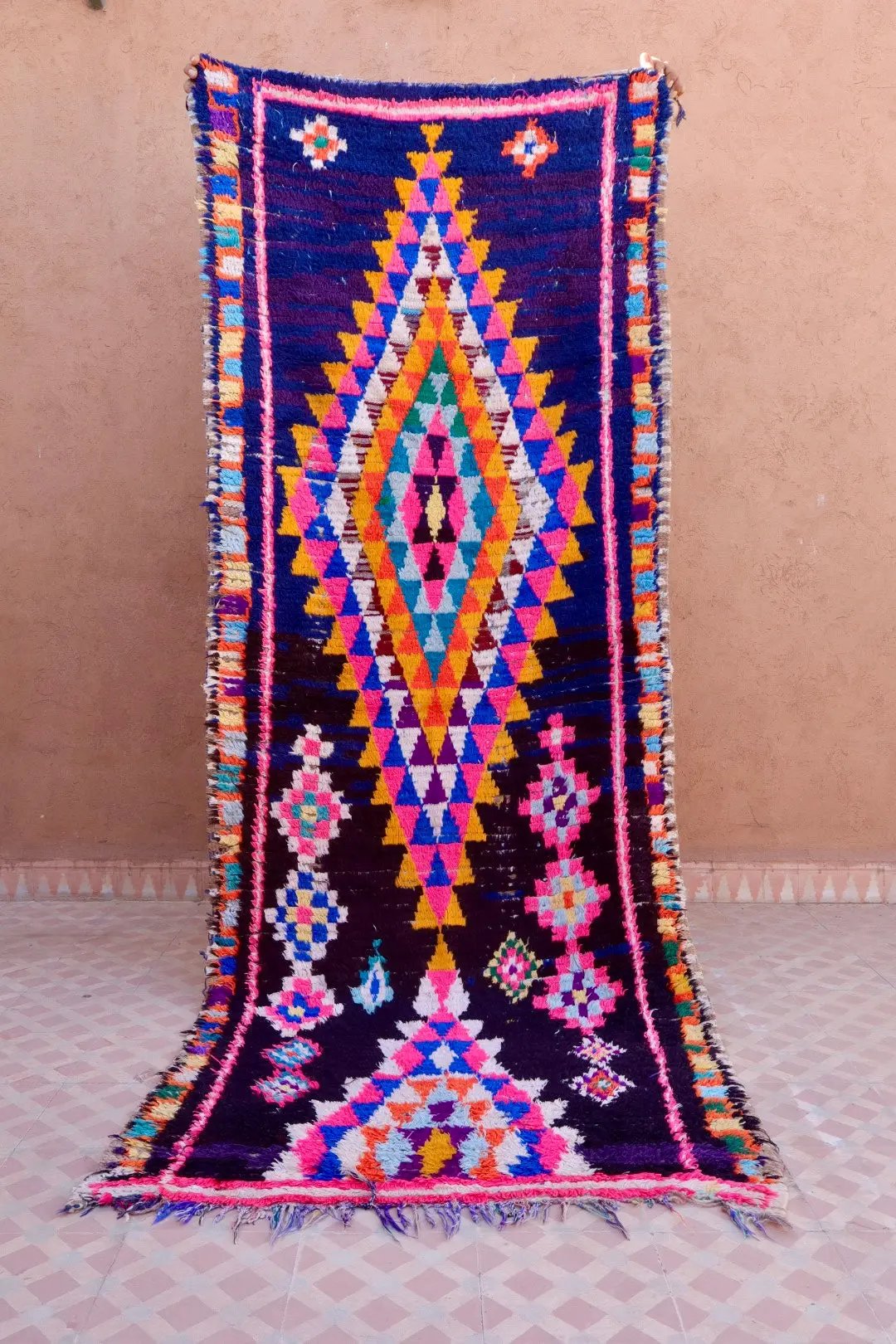 Tapis Berbère Azilal Vintage de Couloir Bleu Nuit Multicolore - 238 x 87 cm Néda