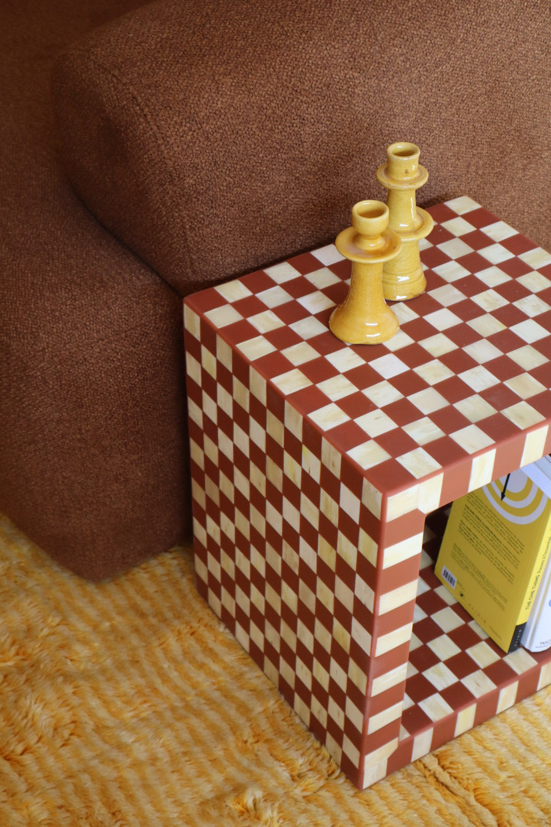 Checkerboard Cube in Bone and Terracotta Resin - “MAT"