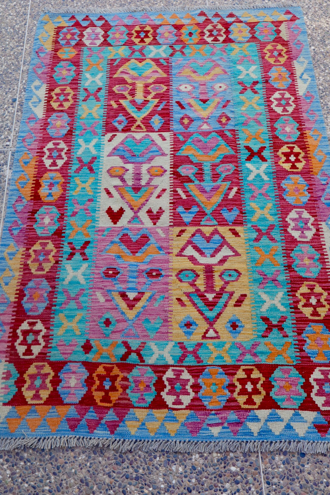 Traditionele roze en blauw Afghaanse kilim tapijt- 191 x 121 cm