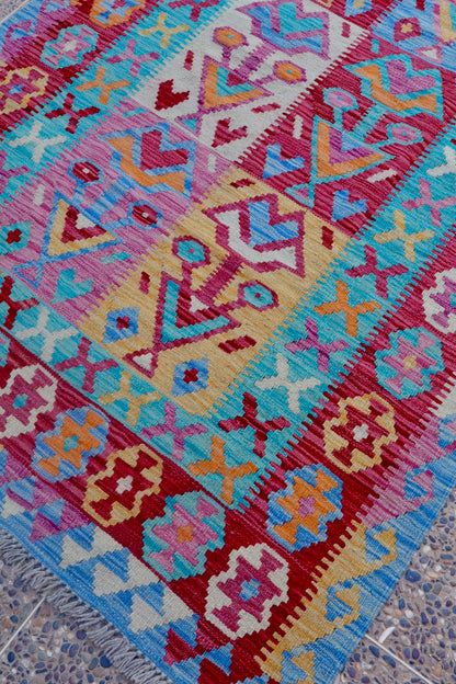 Traditional pink and blue Afghan kilim carpet- 191 x 121 cm