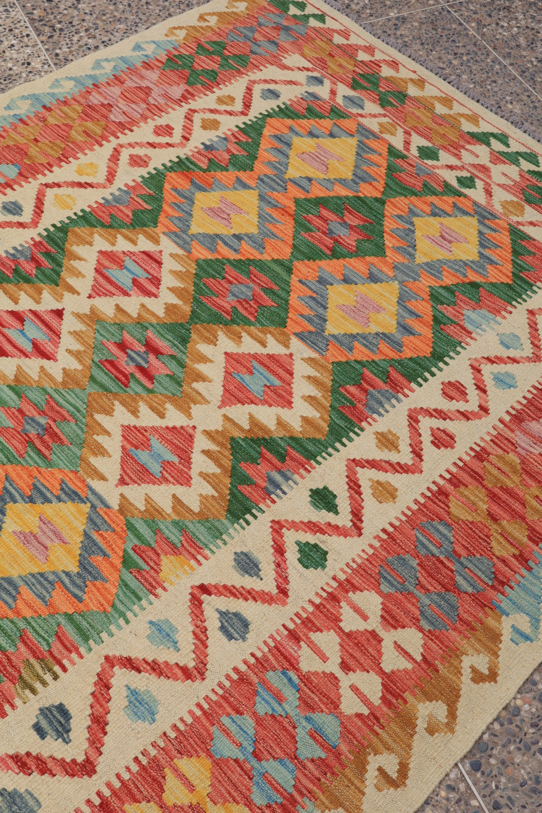 Tappeto Kilim afghano tradizionale in lana Terracotta Arancione Verde - 203 x 147 cm