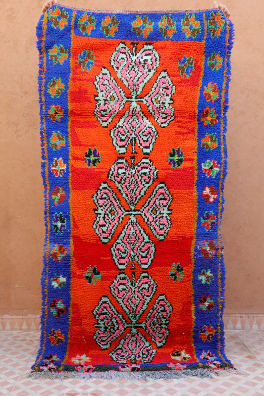 Tappeto Berber Azilal rosso e blu con motivi fluorescenti - 185 x 93 cm