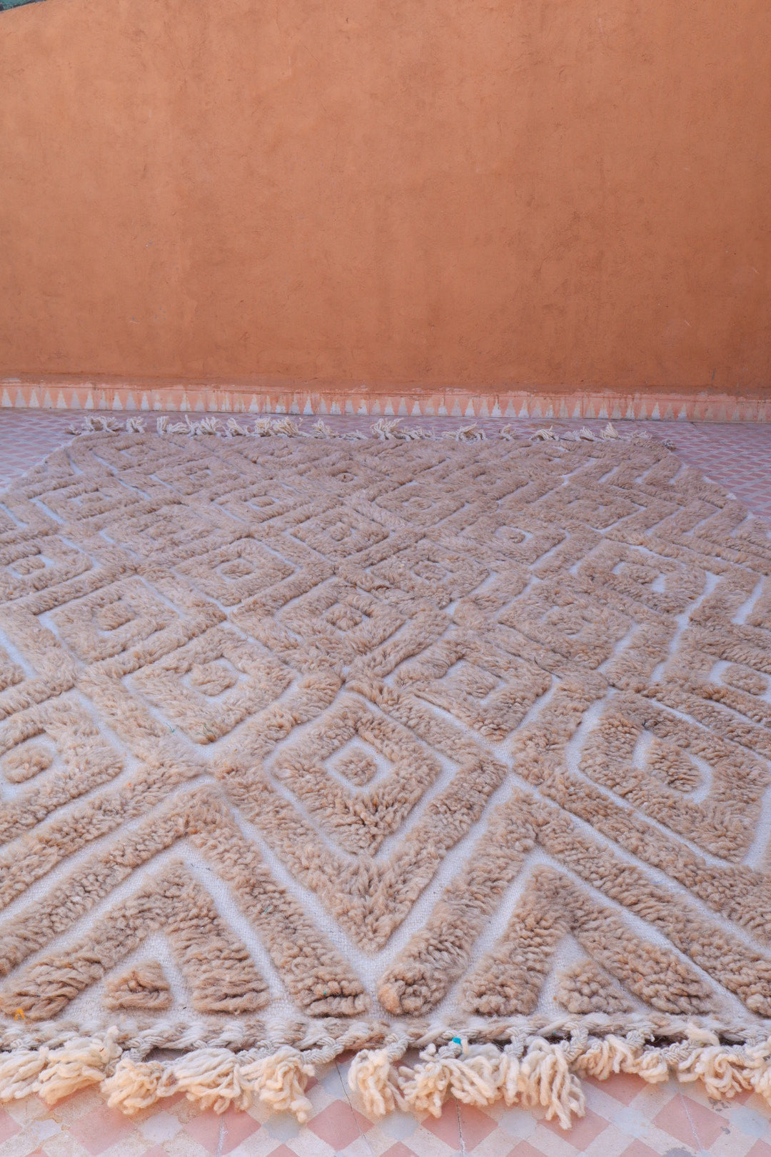 Beni Ouarain Berber carpet, dark beige, with embossed diamond pattern - 276 x 192 cm