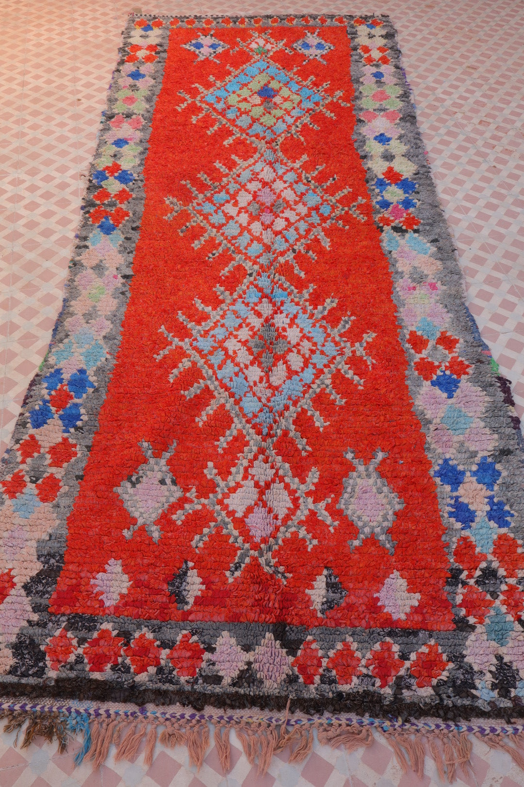 Red Berber Boucherouite rug with colored patterns - 305 x 118 cm