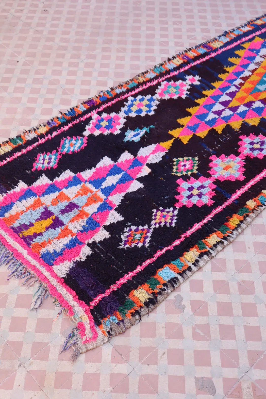 Tapis Berbère Azilal Vintage de Couloir Bleu Nuit Multicolore - 238 x 87 cm Néda