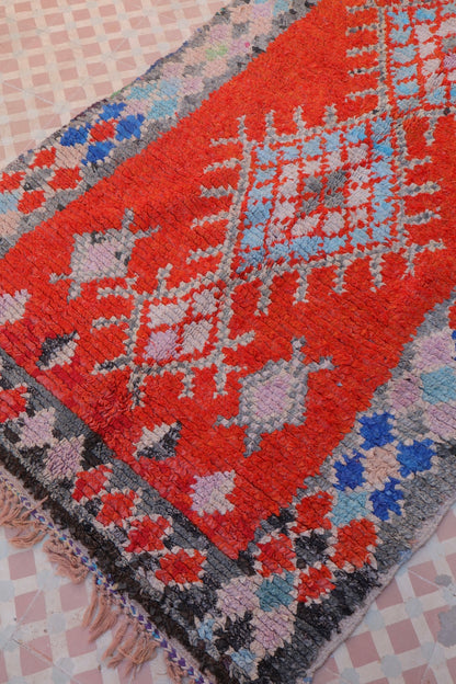 Red Berber Boucherouite rug with colored patterns - 305 x 118 cm