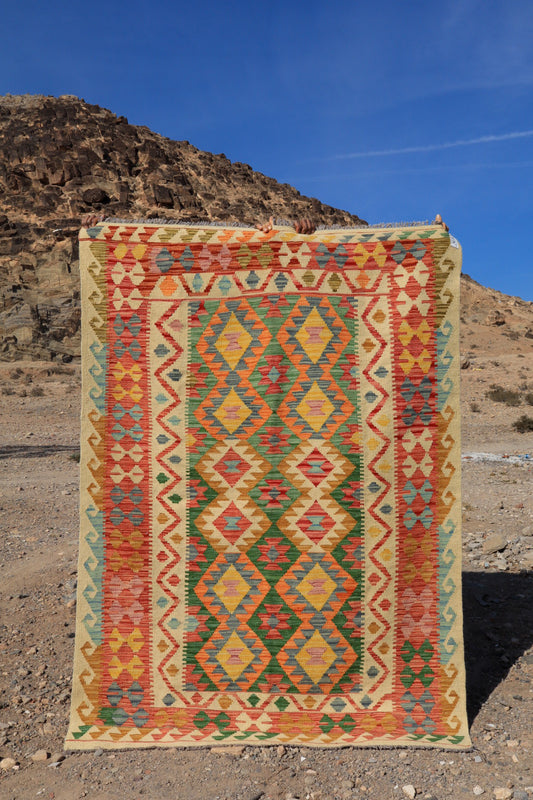 Tapis Kilim Afghan Traditionnel en laine Vert Terracotta Orange- 203 x 147 cm