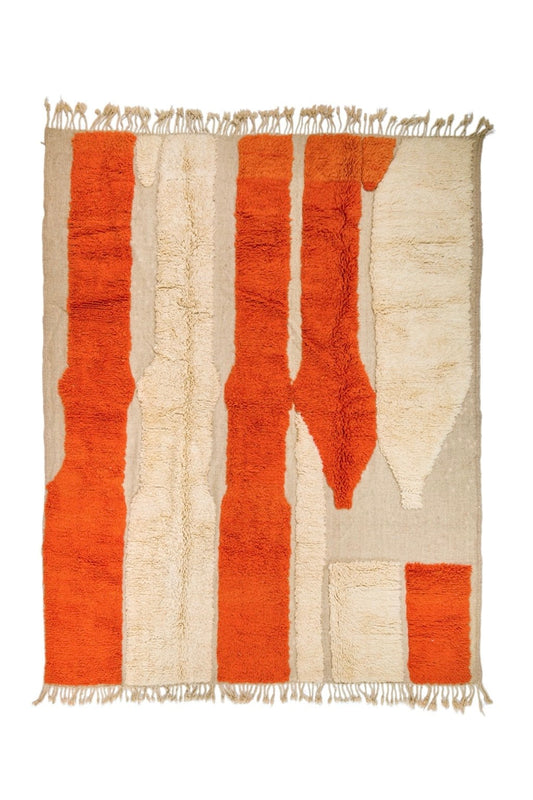 Tapis Berbère Béni Ouarain Moderne Coloré Orange et Blanc À Reliefs - 300 x 250 cm