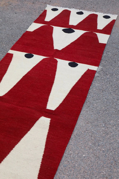 Tapis Kilim Afghan Couloir Moderne Rouge Blanc Noir - 304 x 80 cm Néda