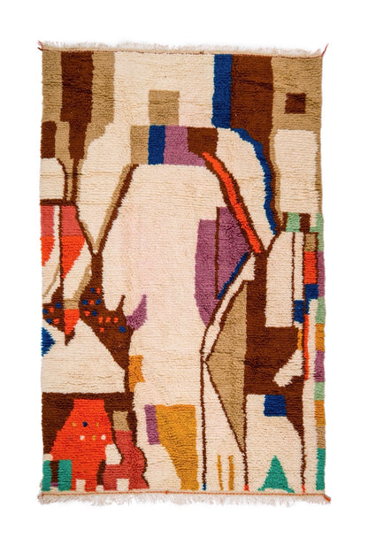 Tapis Berbère Azilal Contemporain Blanc à Motifs Marron et Multicolore - 292 x 170 cm