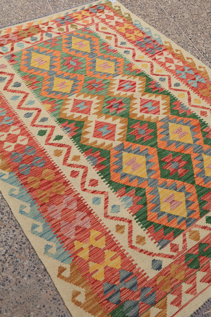 Tappeto Kilim afghano tradizionale in lana Terracotta Arancione Verde - 203 x 147 cm