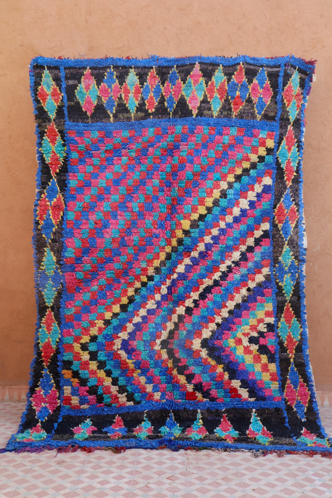 Tapis Berbère Boucherouite Bleu et Coloré - 231 x 160 cm