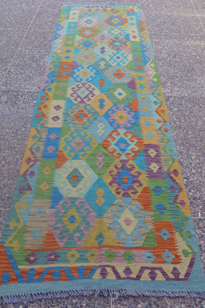 Traditional multicolored corridor kilim carpet - 299 x 88 cm