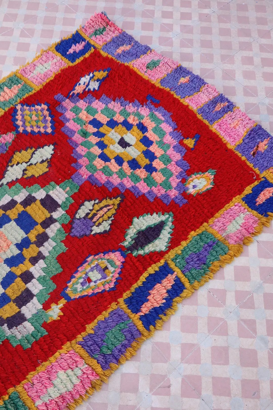 Tapis Berbère Azilal Vintage de Couloir Coloré Rouge - 214 x 91 cm Néda