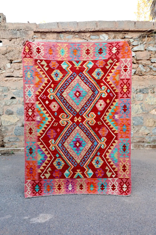 Tapis Kilim Afghan Traditionnel Rouge Rose - 178 x 125 cm Néda