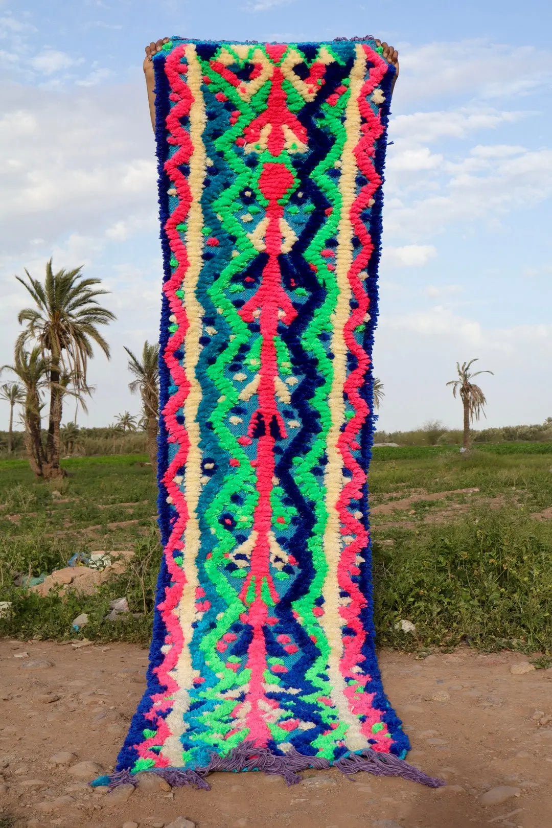 Tapis Berbère Couloir Azilal Bleu à Motifs Reliefs Fluo - 286 x 75 cm Néda