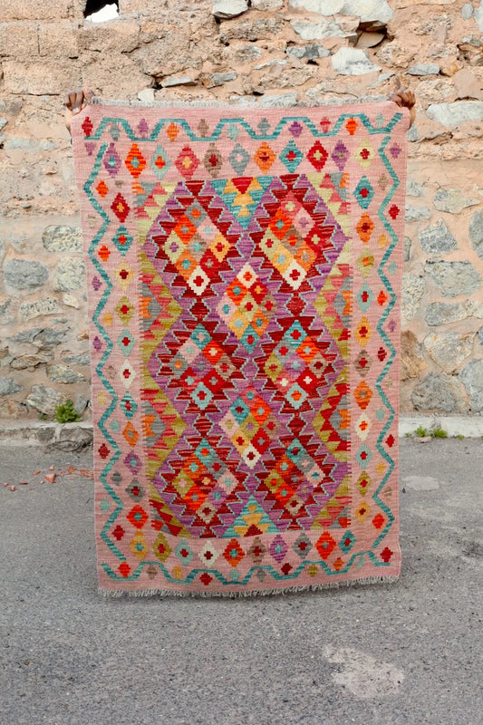 Tapis Kilim Afghan Traditionnel Rose - 146 x 97  cm Néda