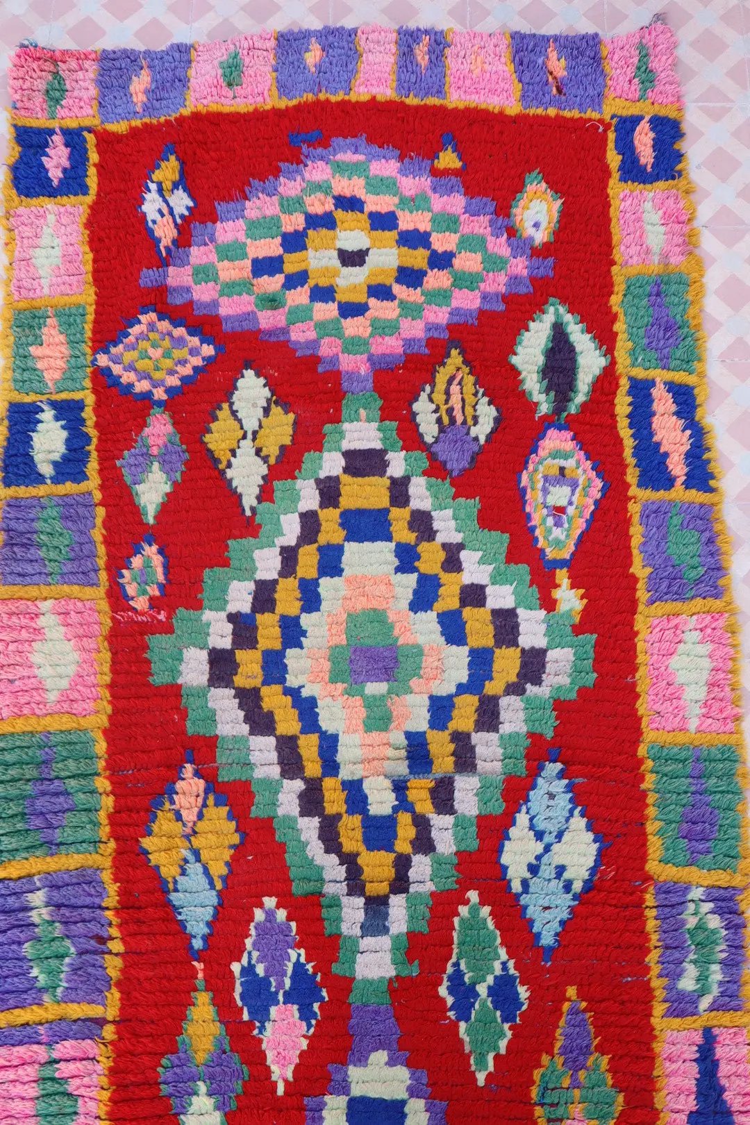 Tapis Berbère Azilal Vintage de Couloir Coloré Rouge - 214 x 91 cm Néda