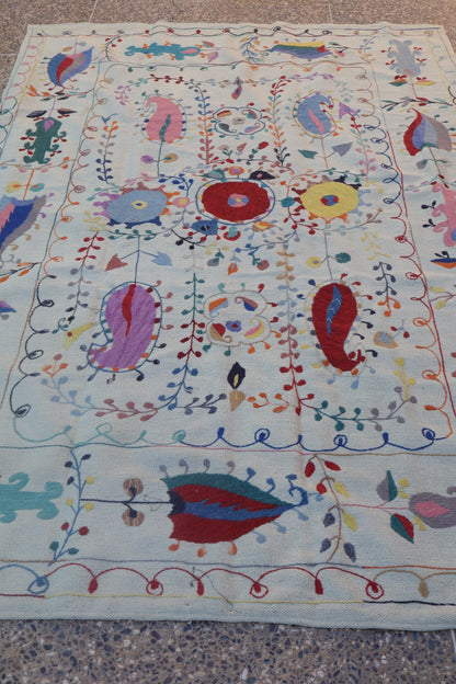 Tappeto afghano Suzani bianco multicolore Kilim - 231 x 165 cm