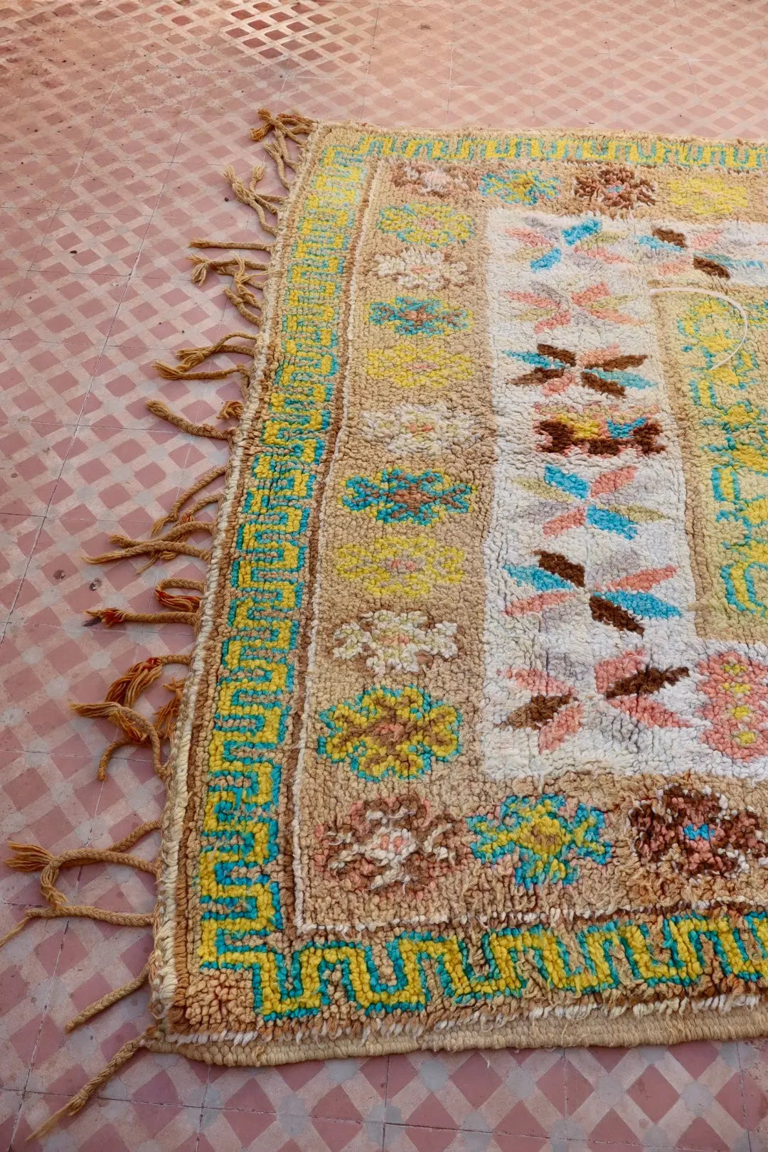 Tapis Berbère Ancien Jaune Pâle Beige Bleu- 345 x 193 cm Néda