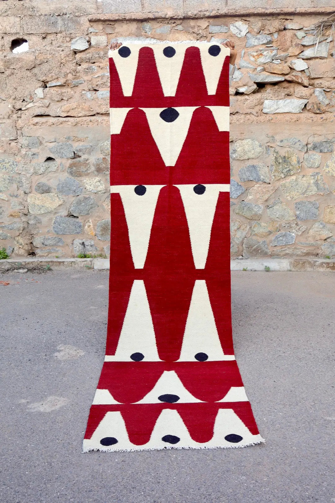 Tapis Kilim Afghan Couloir Moderne Rouge Blanc Noir - 304 x 80 cm Néda