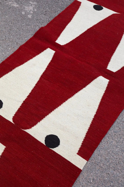 Tapis Kilim Afghan Couloir Moderne Rouge Blanc Noir - 304 x 80 cm Néda