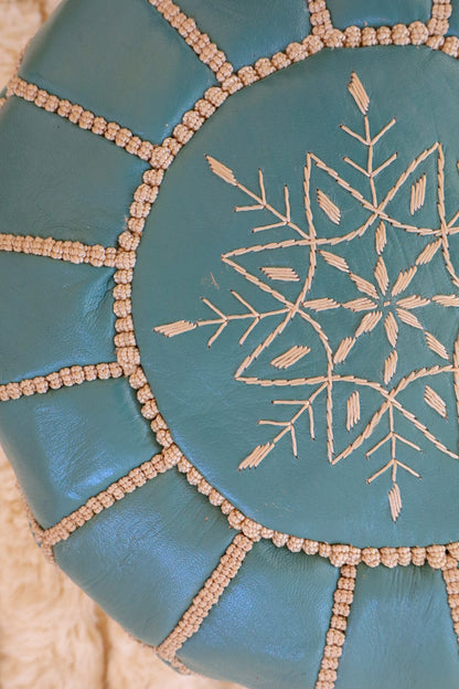 Light Blue Moroccan Leather Ottoman Pouf