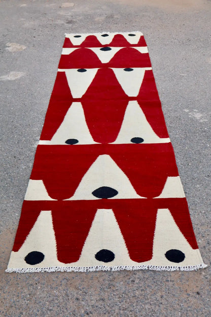 Tapis Kilim Afghan Couloir Moderne Rouge Blanc Noir - 304 x 80 cm Néda