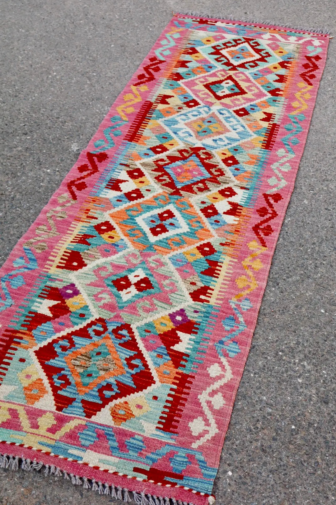 Tapis Kilim Afghan Couloir Traditionnel Rose - 202 x 65 cm Néda